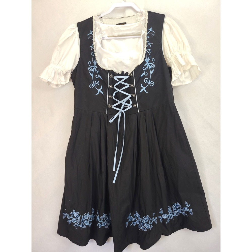 Womens Black Embroidered Dirndl German Dress Floral Oktoberfest Bavarian Sz 2XL